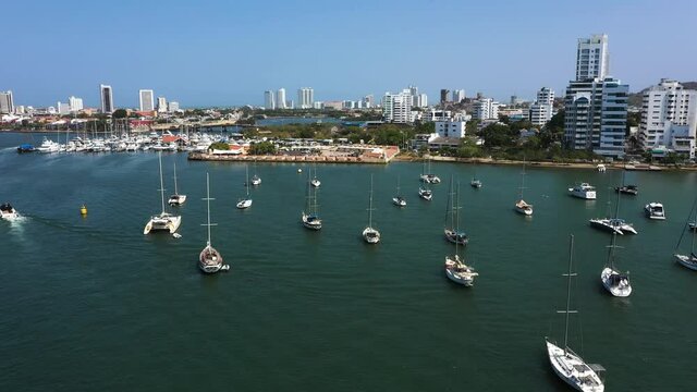 Yacht parking in Cartagena Bay Colombia aerial view.