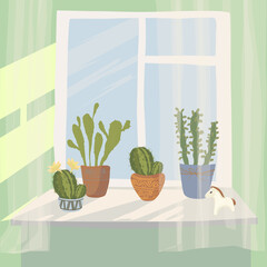 Indoor flowers on the windowsill. Vector illustration.
