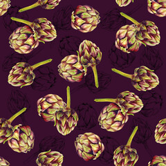Seamless, artichoke on a dark purple background. Watercolor illustration
