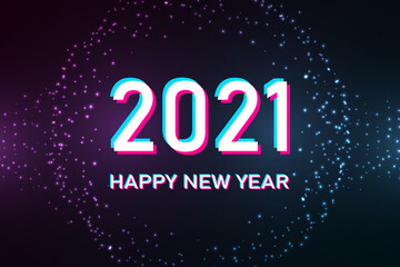 Happy New Year 2021 inscription on the background of neon glitter confetti wave. Vector illustration. EPS 10.