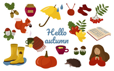 Hello autumn! A set of elements on an autumn theme - acorns, Rowan, squirrel, hedgehog, knitting, pumpkin, boots, leaves. Vector. On a white background. In the style of hand drawing.
