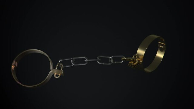 4k concept animation of brass type virtual shackles or handcuffs struggle and eventually break the chain. Comes with the Alpha Matte.