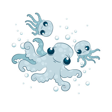 Funny blue octopuses. Cartoon. Vector illustration.
