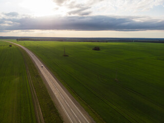 Top view of the road in summer evening. View from drone