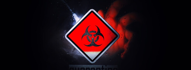 Quarantine. Quarantine warning sign on a glass door in a hospital isolator. Isolation of patients...
