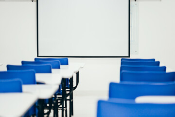 Empty classroom. Concept of suspension of classes due to the COVID-19 pandemic