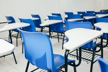 Empty classroom. Concept of suspension of classes due to the COVID-19 pandemic
