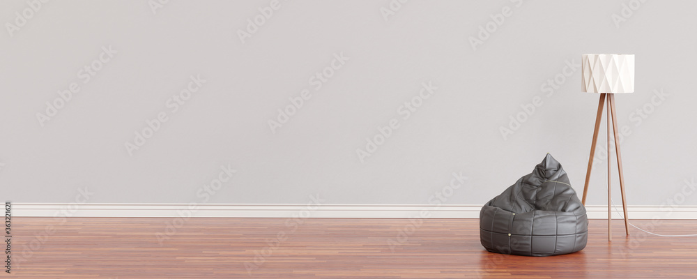 Poster Room with floor lamp and black pouf. Empty wall for mockup. 3D render. 3D image.