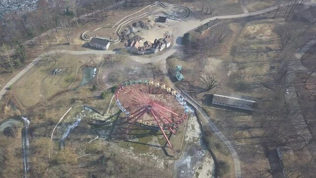 AERIAL: Abandoned Theme Park Ferris Wheel, Berlin Spreepark 