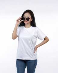 Naklejka premium Front view white t-shirt Closeup on female body, woman girl in empty white t-shirt isolated on white background. Design woman t-shirt template and mockup for print.