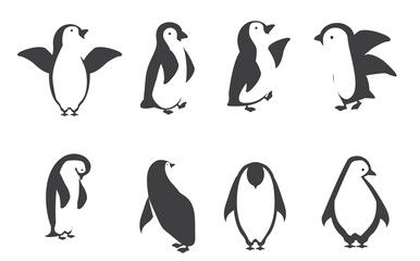Fototapeta premium Happy penguin characters in different poses icon set
