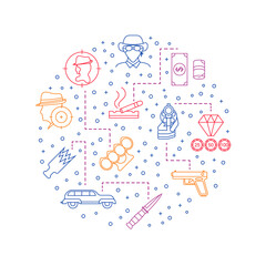 Mafia and Gangster Thin Line Color Round Design Template Banner. Vector