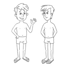 vector outline comics. two men dressed in swimming trunks talking on the beach do not keep their distance
