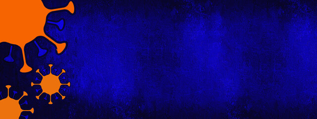 CORONAVIRUS - Orange cartoon virus isolated on dark phantom blue black abstract rustic texture background banner panorama, top view with space for text