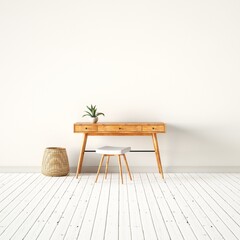 Scandinavian Wooden Work Desk with Empty Walls Mockup