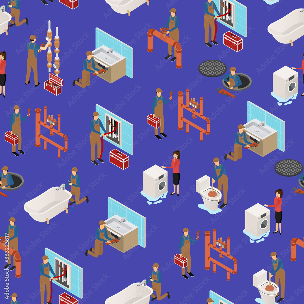 Poster character plumber in uniform concept seamless pattern background 3d isometric view. vector