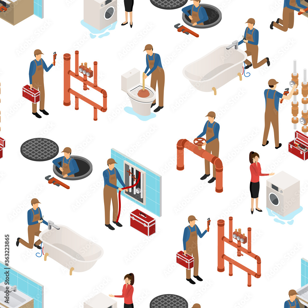 Poster character plumber in uniform concept seamless pattern background 3d isometric view. vector