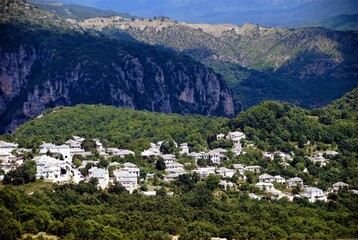 Panoramic view of Monodendri village, one of the 45 villages known as Zagoria or Zagorochoria in Epirus region of southwestern Greece.