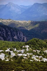 Fototapeta na wymiar Panoramic view of Monodendri village, one of the 45 villages known as Zagoria or Zagorochoria in Epirus region of southwestern Greece.
