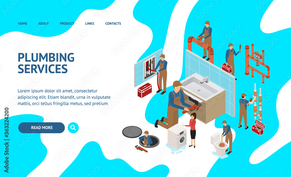 Poster character plumber in uniform concept landing web page 3d isometric view. vector