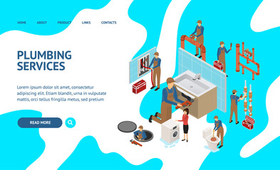 Character Plumber in Uniform Concept Landing Web Page 3d Isometric View. Vector