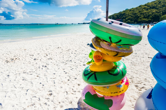 Chon Buri, Thailand - June, 27, 2020 : fancy swim tube on the beach Inflatable duck.Fantasy Swim Ring for Summer sea Trip on the Tawaen Beach on Koh Lan island