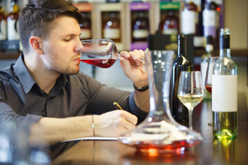 Male sommelier tasting red and white wine, making notes at bar counter