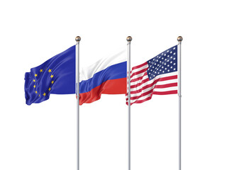 Isolated on white. Three realistic flags of European Union, USA (United States of America) and Russia. 3d illustration.