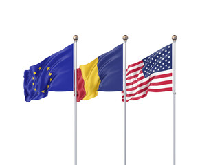 Fototapeta premium Isolated on white. Three realistic flags of European Union, USA (United States of America) and Romania. 3d illustration.