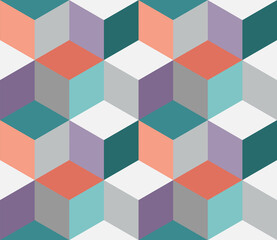 Geometric colorful seamless pattern design. Cube, squares or hexagon pattern for print, fabric or background.
