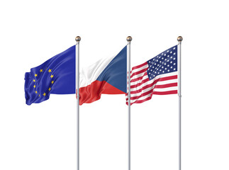 Fototapeta premium Isolated on white. Three realistic flags of European Union, USA (United States of America) and Czech Republic. 3d illustration.