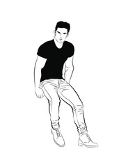 Vector illustration of a seated man. Sketch of a young man. Figure men in casual wear.