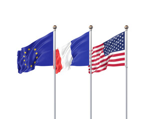 Isolated on white. Three realistic flags of European Union, USA (United States of America) and France. 3d illustration.