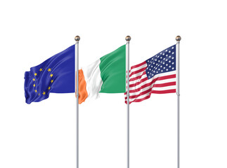 Isolated on white. Three realistic flags of European Union, USA (United States of America) and Iran. 3d illustration.