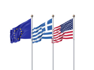 Fototapeta premium Isolated on white. Three realistic flags of European Union, USA (United States of America) and Greece. 3d illustration.