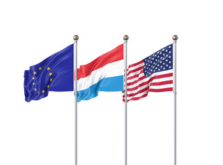 Fototapeta premium Isolated on white. Three realistic flags of European Union, USA (United States of America) and Luxembourg. 3d illustration.
