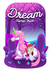 Beautiful Unicorn with cute princes vector illustration, Dream come true