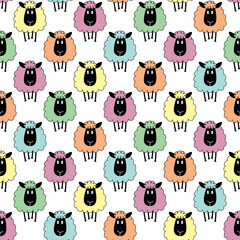 Fun seamless pattern vector background with pastel coloured hand drawn sheep.