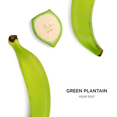 Creative layout made of green plantain on the white background. Flat lay. Food concept. Macro  concept.