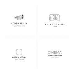 Cinema hand drawn logo templates. For business identity and branding. Set of vector doodle objects.