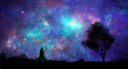 Space scene. Magician standing on landscape silhouette with tree and fractal colorful nebula. Digital painting. Elements furnished by NASA. 3D rendering - obrazy, fototapety, plakaty