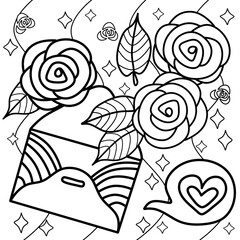 Coloring page, roses and envelope