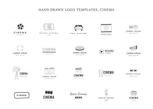 Set of vector hand drawn icons. Cinema isolated objects, cinematography logo templates.