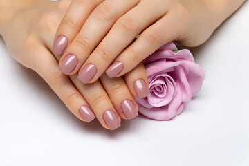 Obraz na płótnie Canvas Beige manicure on square nails closeup on a white background with a pink rose in hands. Body manicure.