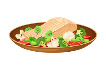 Fish Slab with Fresh Vegetables as Brazilian Cuisine Dish Vector Illustration