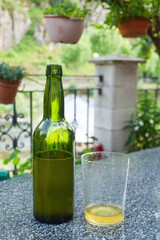 Glass cup with a culin and bottle of cider (fermented apple juice).  On outdoor bar terrace and unfocused background