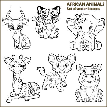 cute cartoon african animals, set of funny images