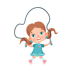 Cute Girl Character with Ponytails Jumping Rope Vector Illustration