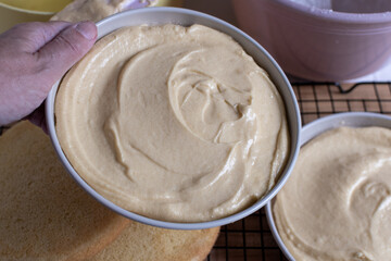 preparing cake batter for baking
