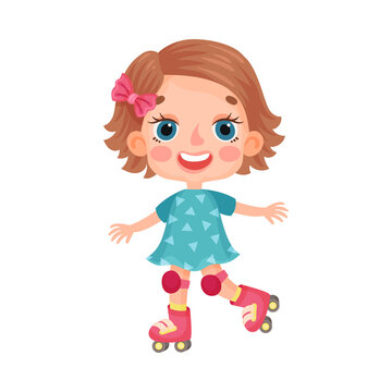 Cute Girl Character in Dress Roller Skating Vector Illustration